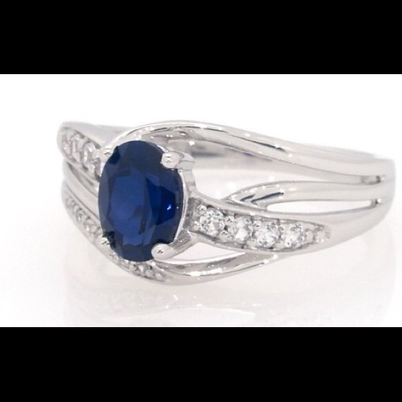 (925) Blue/White Lab-Created Sapphire Ring - Picture 2 of 9